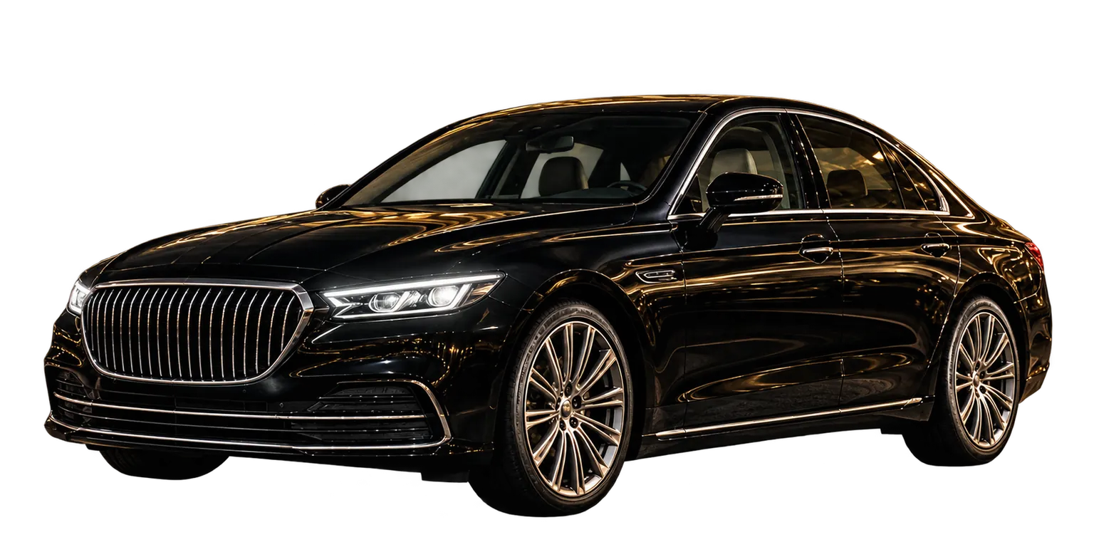 A sculpted black executive sedan gliding through a Melbourne night
